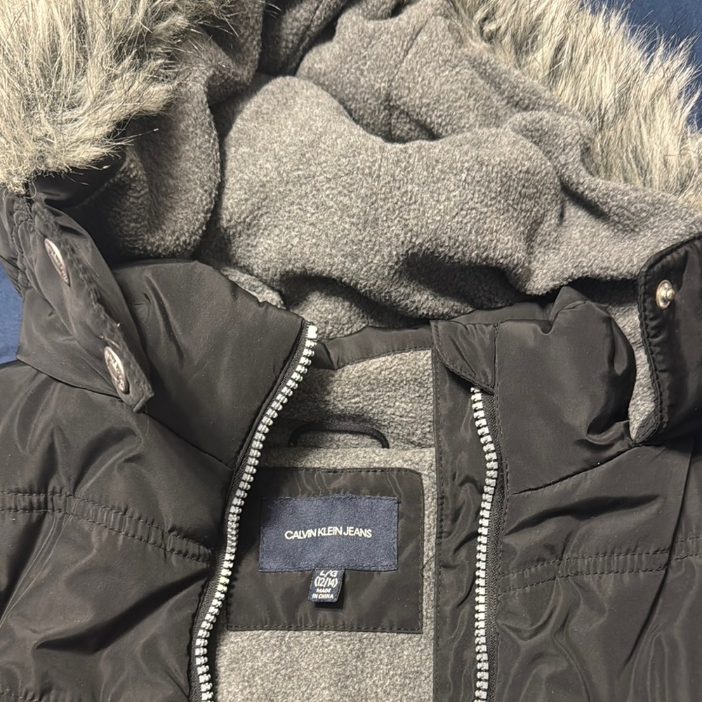 Calvin Klein Black and Gray Puffer Jacket with Faux Fur Hood